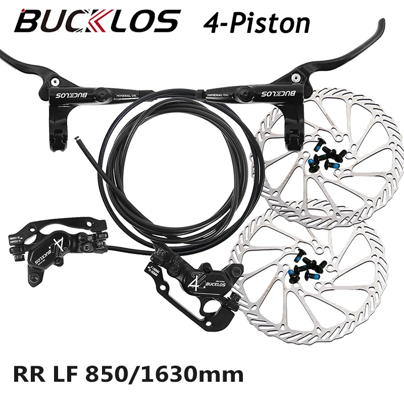 BUCKLOS 4-Piston Bicycle Hydraulic Brakes L Front 800mm R Rear 1630mm Mountain Bike Brakes Oil Pressure MTB Hydraulic Disc Brake