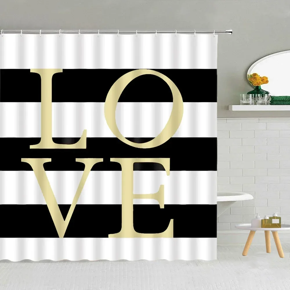 Valentine's Day Shower Curtain, Red Pink Love Hearts Whereabouts Black and White Stripes Romantic Genie Bathroom Decorations