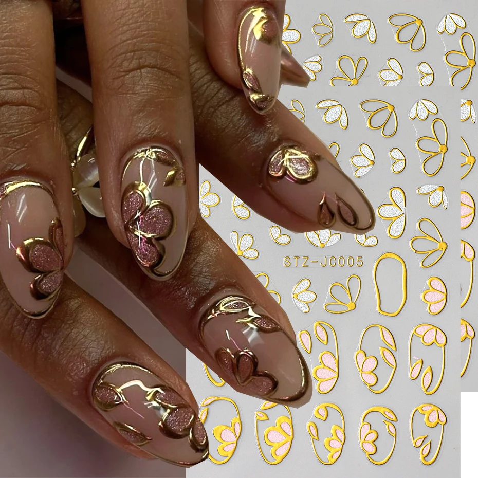 3D Bronzing Glitter Floral Nagelaufkleber Goldene Blütenblätter Weiße Gänseblümchen Selbstklebende Abziehbilder Elegantes Frühlingsdesign Maniküre-Schieber