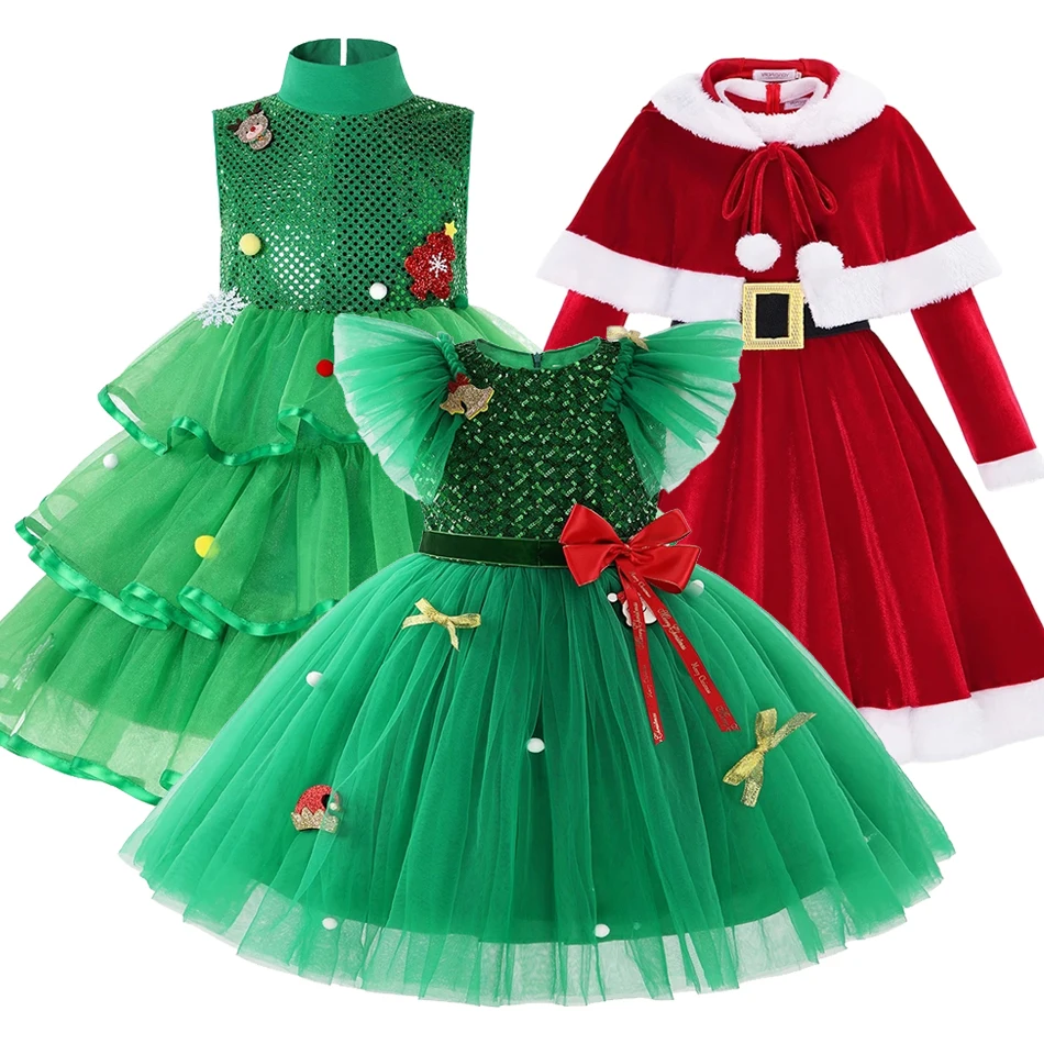 

2024 New Girls Christmas Santa Claus Xmas Dresses Kids Tutu Children Cosplay Merry Christmas Clothing