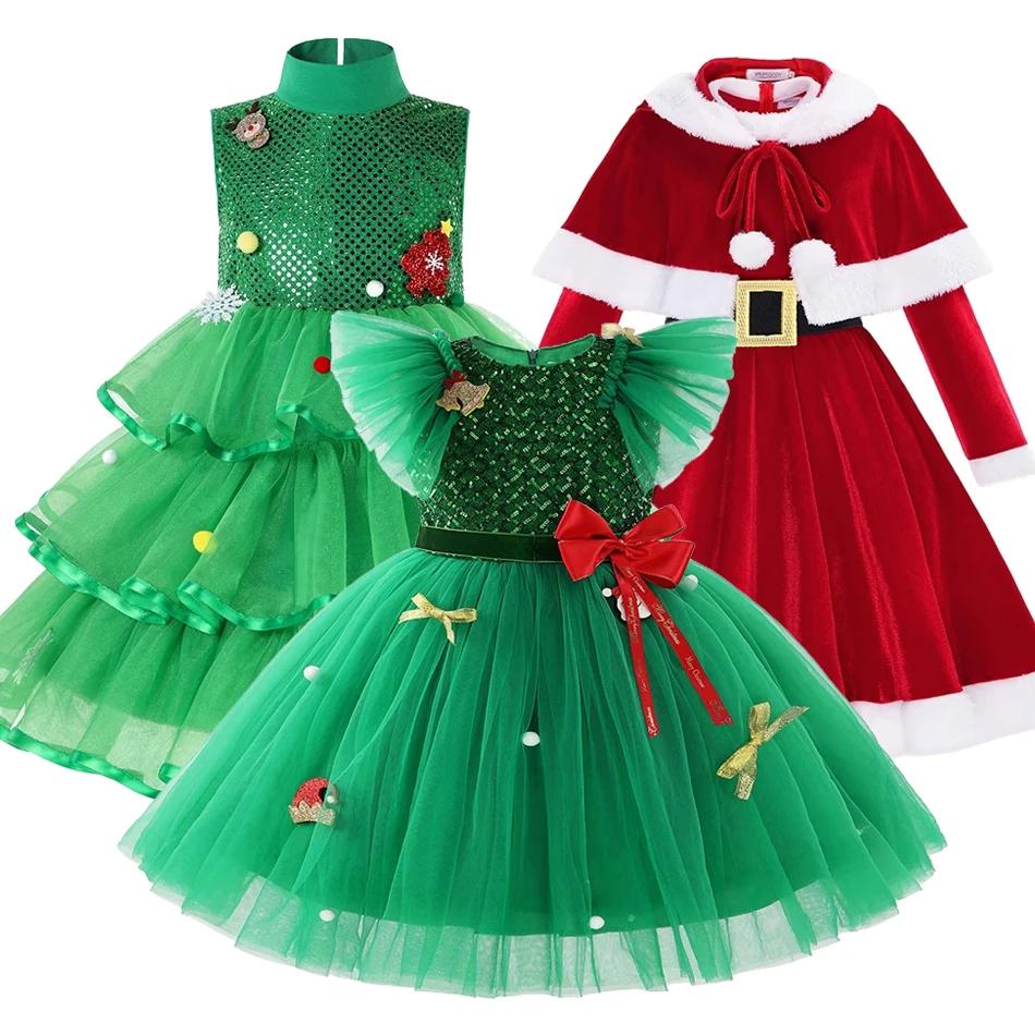 2024 New Girls Christmas Santa Claus Xmas Dresses Kids Tutu Children Cosplay Merry Christmas Clothing