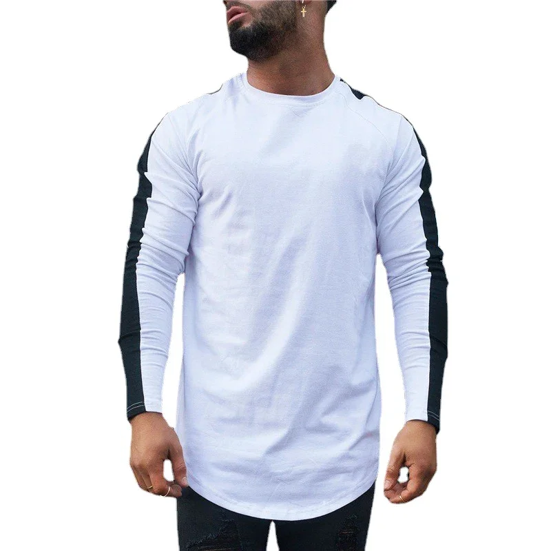 Autumn Fashion Cotton Patchwork Long Sleeve T shirt For Men Spring Solid Casual Sports T-shirt Male Classic Arc hem Tees Tops