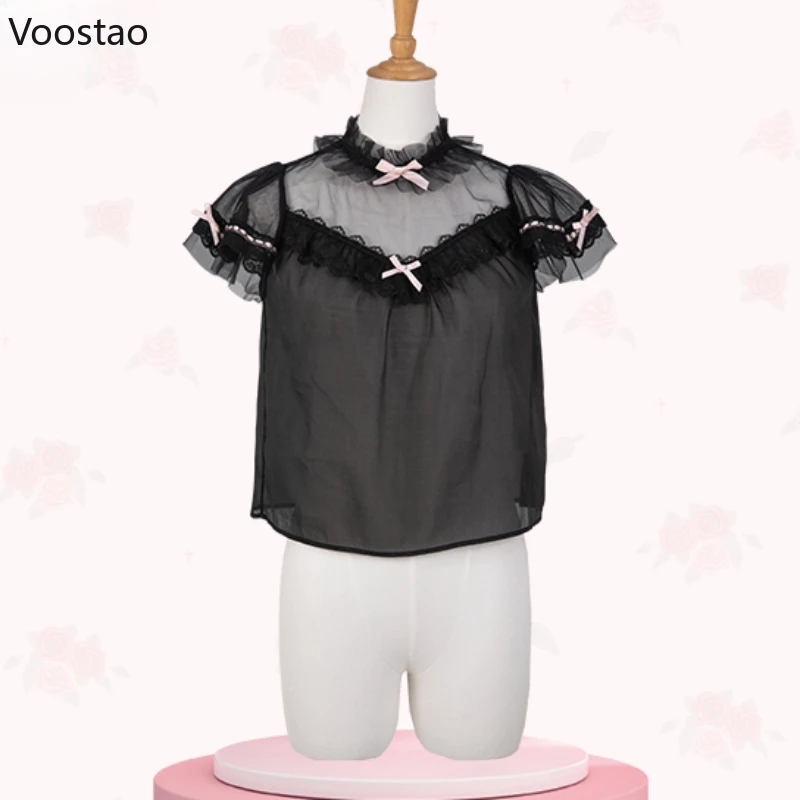 Japanese Sweet Lolita Blouses Women Harajuku Kawaii Ribbon Bow Ruffles Mesh Shirts Girls Gothic Y2k Blusas Mujer Inside Tops