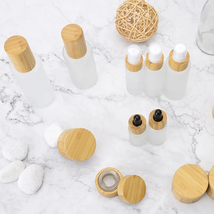 صنع في الصين عينة شعار النقش زجاجة الصقيع غطاء بلاستيكي من الخيزران جرة زجاجية زجاجة فارغة جرة كريم حاوية مستحضرات التجميل #3