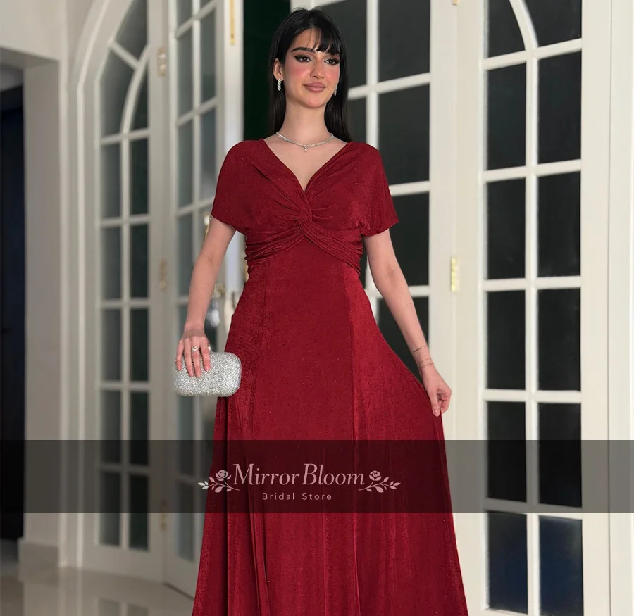

Elegant Red V-Neck Women A-line Ankle Dresses Simple Ball Gown Short Sleeve Satin Formal Evening Party Prom Gown Customized