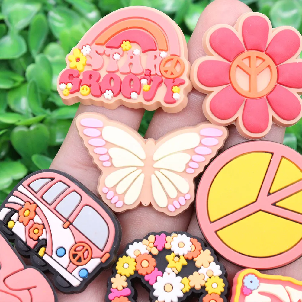 Mix 50pcs PVC Flower Rainbow Bus Butterfly Hand Peace Love Shoe Charms Accessories Button DIY Bracelet Buckle Clog Decoration