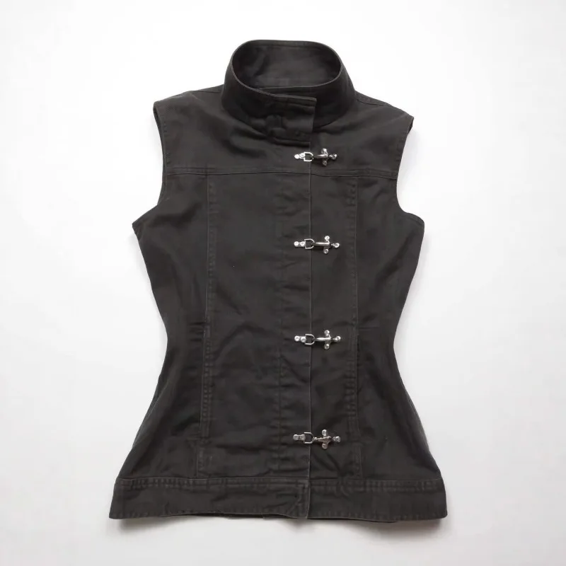 Women Y2K Sweet Cool New Chinese Vintage Single Breasted Stand Collar Sleeveless Denim Vest Top