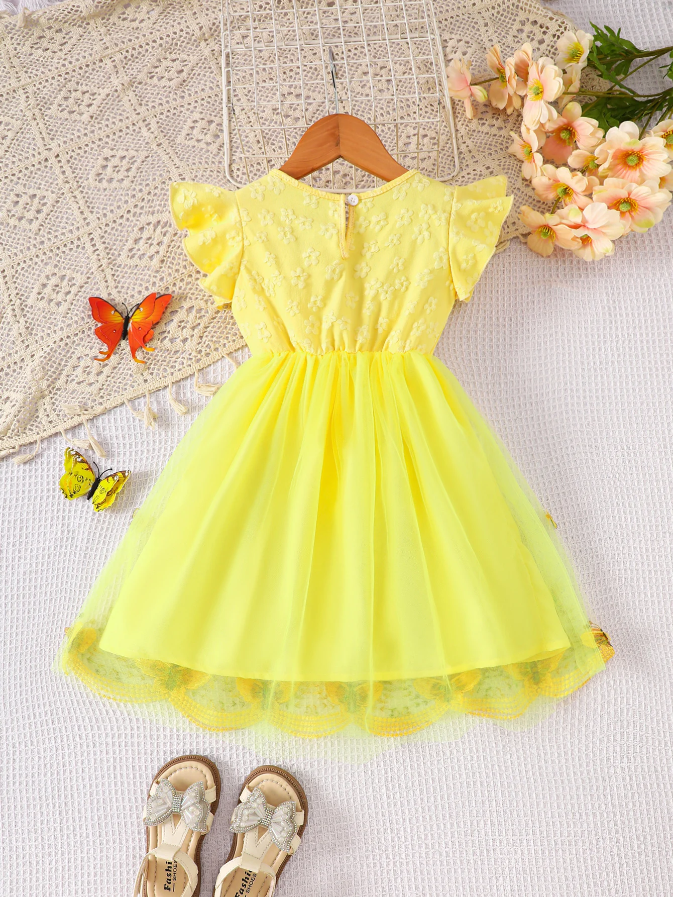 Girls' Summer Woven Flutter-Sleeve Dress with 3D Flowers, 3D Butterfly Tulle, Waist Bow, Back Button Closure, Casual Tulle Dress, Wedding Party Light Dress, Beach Holiday Party Princess Dress, Gift