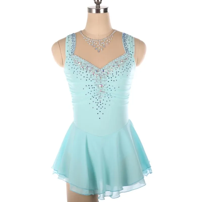 Figure Skating Suit Performance Wear Children Adult Competition Clothing Sleeveless Light Blue Big Diamond 피겨 스케이팅 드레스