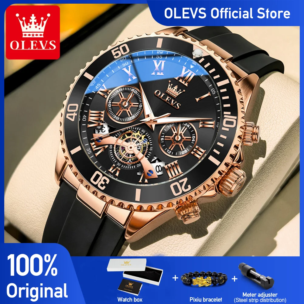 OLEVS 3730 Multifunctional Quartz Movement Watch For Men Trendy Street Style Calendar Window 30m Waterproof Silicone Strap Watch