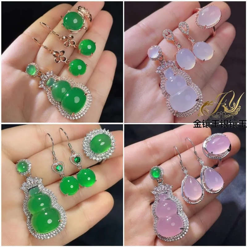 Natural Green Chalcedony Calabash Pendent Three-Piece Silver-Plated Pink Agate Jade Gourd Necklace Ring Earrings