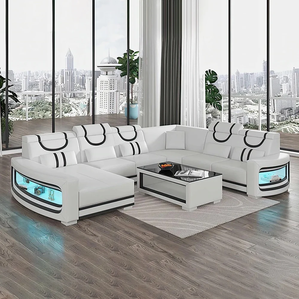 Upgrade Your Living Room with Linlamlim Italian Genuine Leather Sofa - 2 Colors Combination, LED Light & Soft Cushions