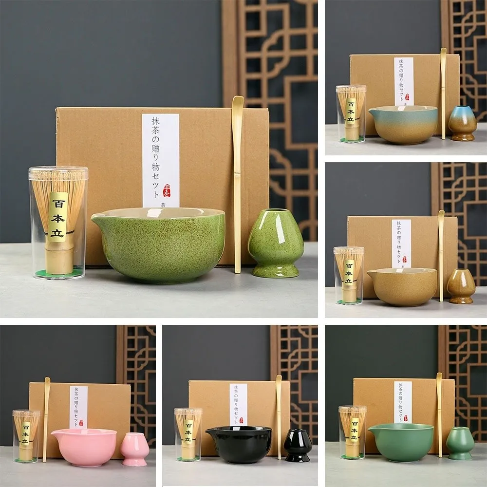 4PCS Ceramic Bamboo Japanese Matcha Tea Set Matcha Whisk Holder Reusable Matcha Making Kit Matcha Bowl Whisk Teaspoon Tea Sets