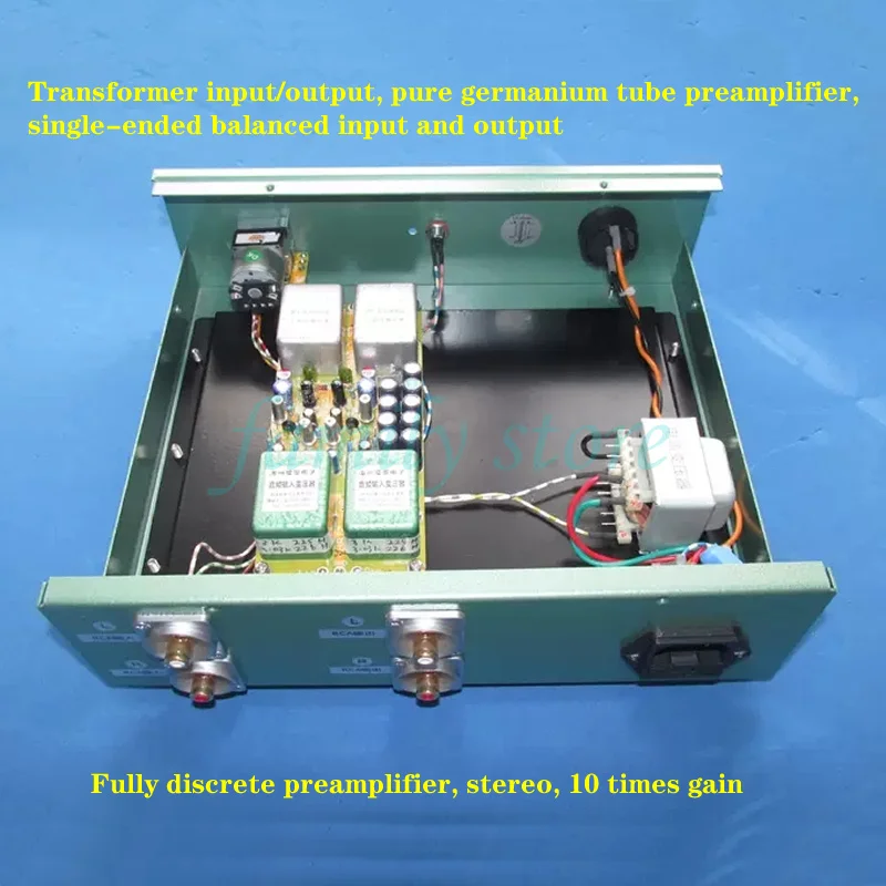 Stereo, pure germanium tube preamplifier, 10 times gain. Transformer input/output, single-ended balanced input and output