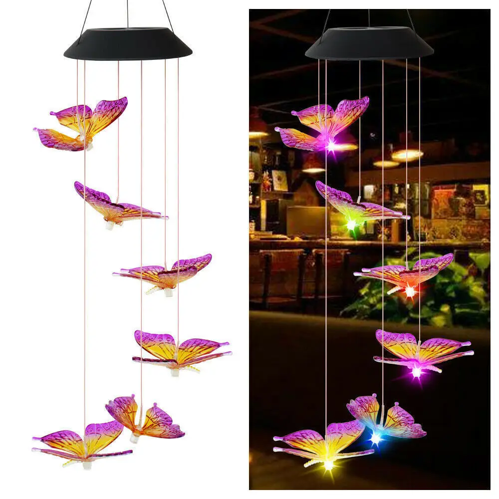 Carillón de viento de energía Solar que cambia de Color, colibrí, Ángel, mariposa, luz de decoración impermeable para exteriores, Patio, jardín