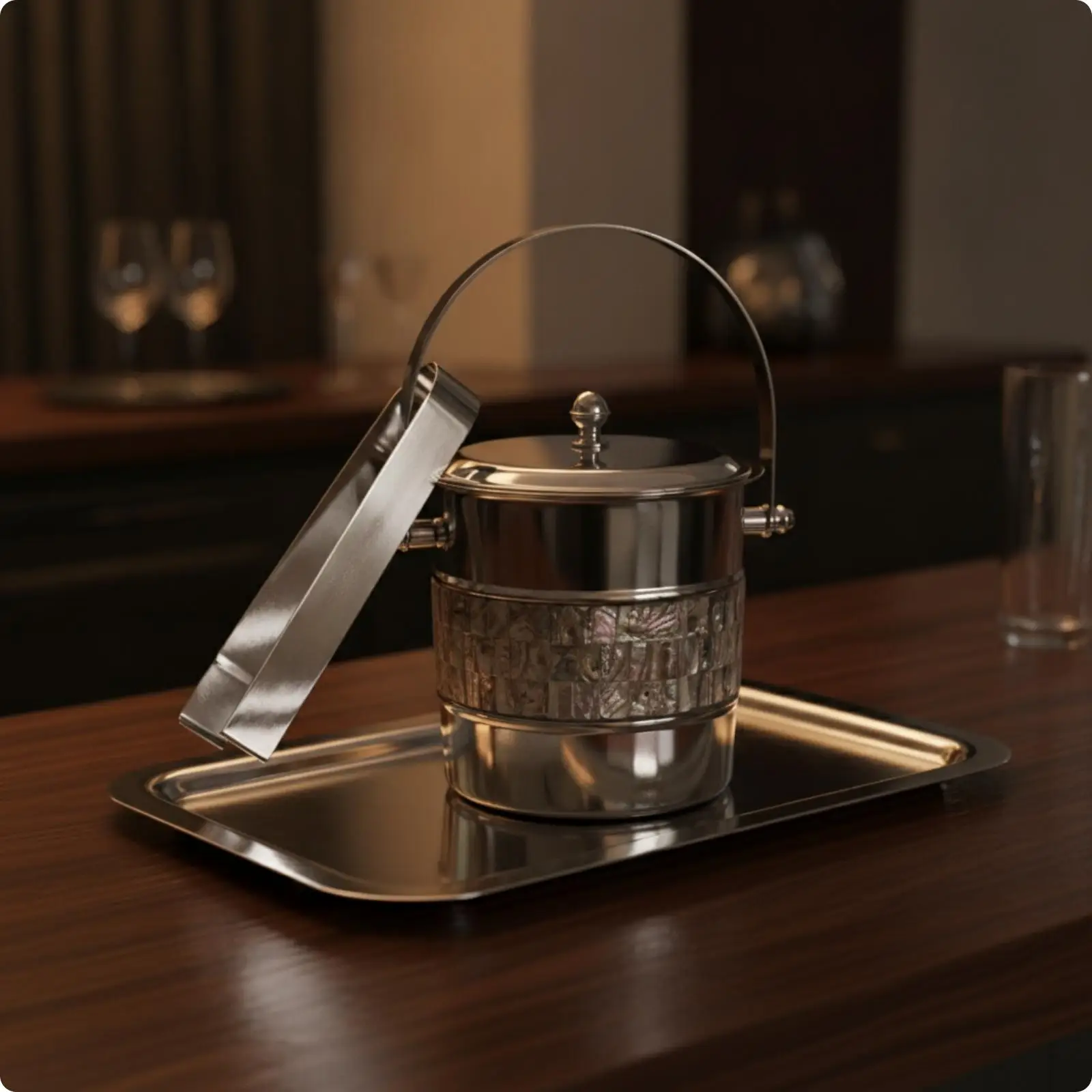 Ice Cube Bucket with Tongs Stainless Steel Resin Construction Space Saving Bar Cart Drink Cooler for Home Gathering