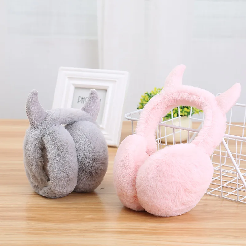 Devil Horn Earmuffs ชายฮาโลวีนแฟชั่นสำหรับผู้หญิงน่ารักสีพับฤดูใบไม้ร่วงฤดูหนาว Warm Plush นุ่มคุณภาพสูง Earmuffs