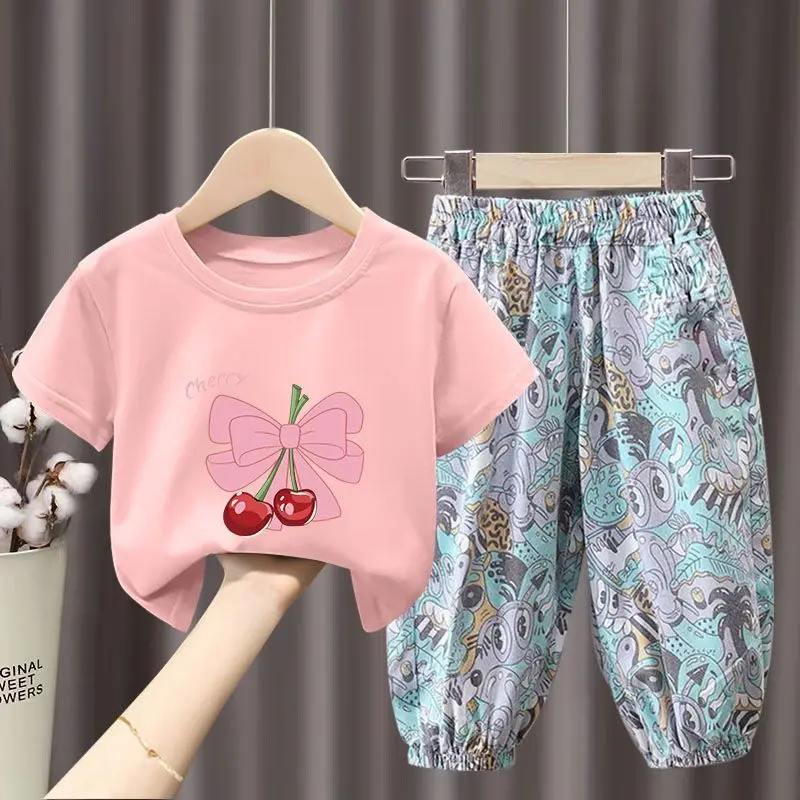 Children\'s Clothing Sets Cherry Print Bow Short Sleeve Top + Floral Printed Trousers Kids Clothes Boys Girls for 2 To 8 Years