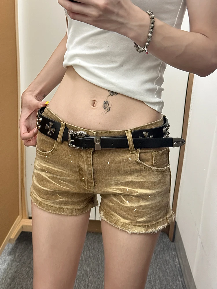 

American Y2K Millennium Spicy Girl Low Waist Denim Shorts Women Summer New Retro Fashion Design Sensation Rainbow Jeans