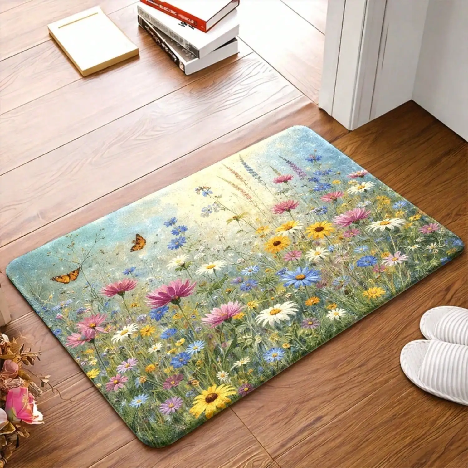 1pc, Floral Doormats With Butterfly Wildflowers, Flannel Material, Durable, Machine-Washable, Suitable For Indoor Outdoor, Entryway, Bath, Kitchen, Bedroom