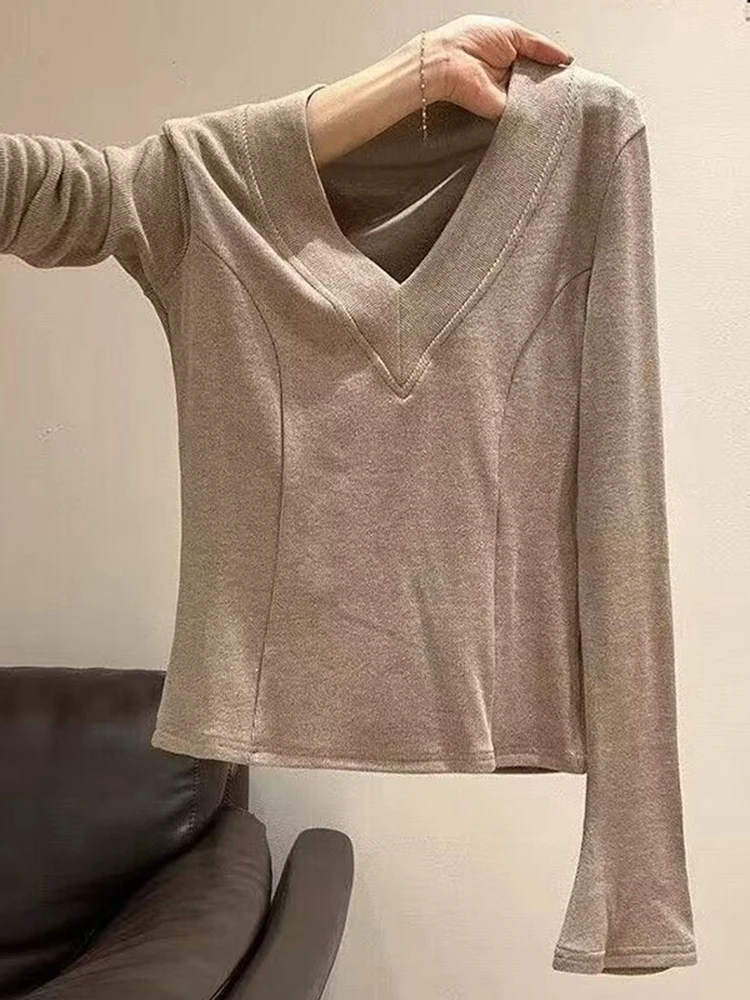 

Simple Casual Long Sve Knitted Sweater Women's Spring Faion Loose Slimming Base Layer irt Top Korean Sle V-ne