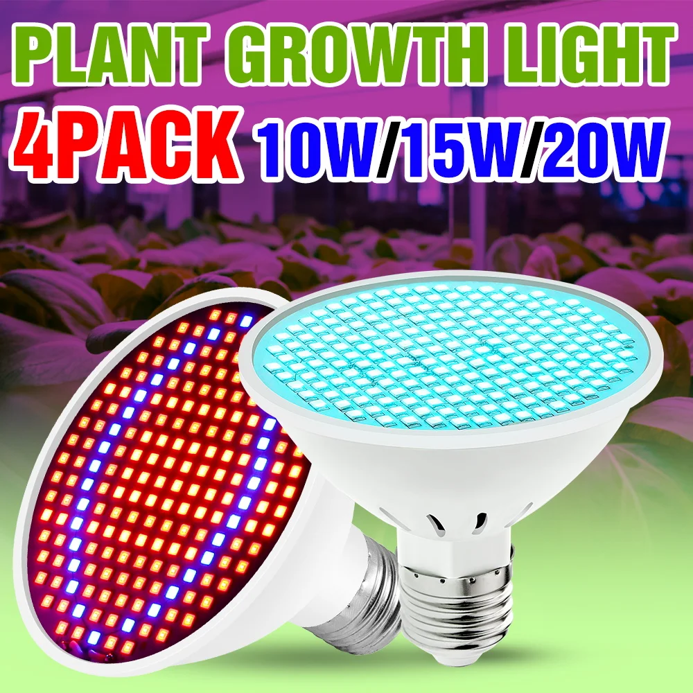 4 Pack E27/E26 LED Full Spectrum Grow Light Bulb Plant Cultivation Lamp 10W 15W 20W For Indoor Potted Flowers Grow Box Succulent