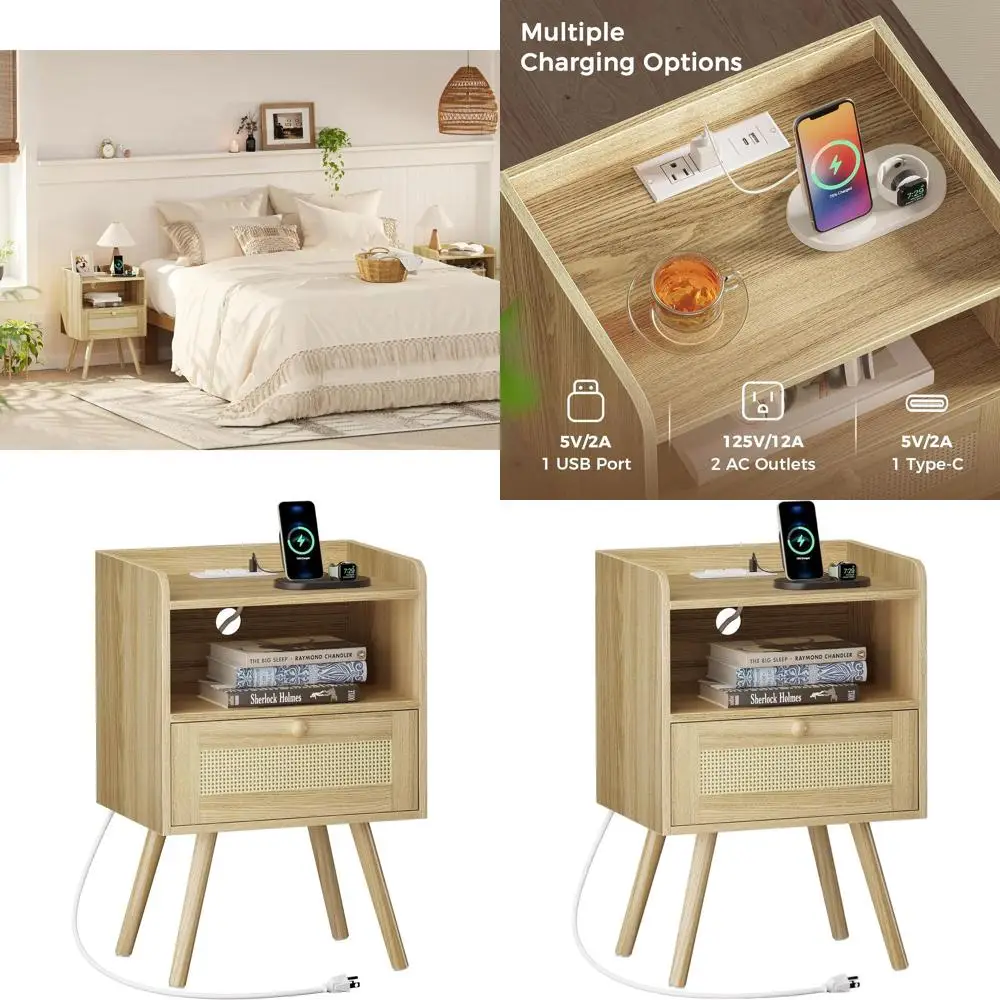 

Charging Station Nightstand with Rattan Style, Wooden End Table for Bedside Storage, Multi-Use Natural Decorative Table