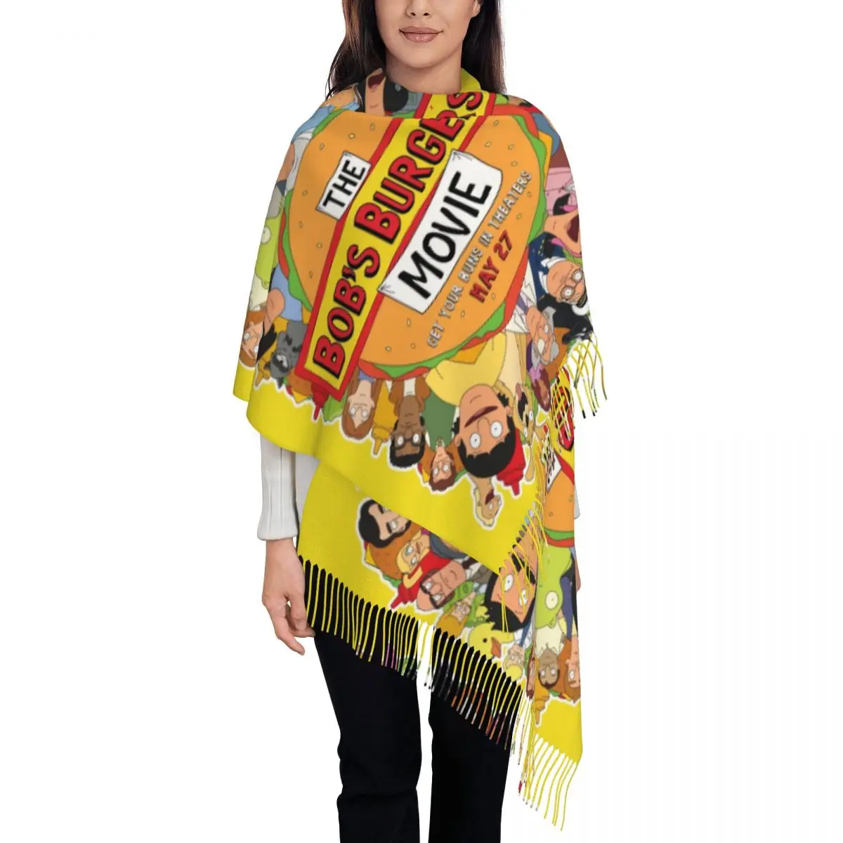 

Пользовательские женские большие боб-бургеры, американские анимационные шарфы, женские зимне-осенние мягкие теплые шаль с кисточками, шарф
