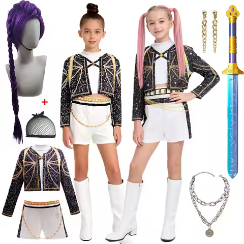 New Demon Girls Hunter Rumi Cosplay Costume Fashion K-Pop Idol Singer Black Gold Stage Suit Halloween Fancy Kids Clothing Set