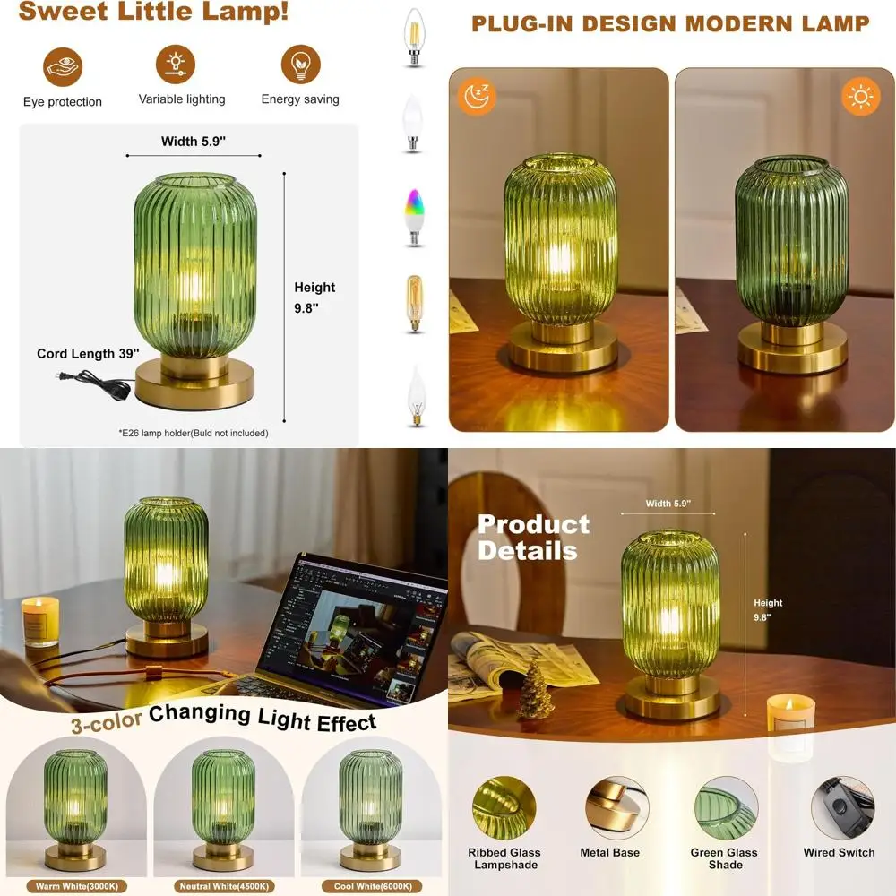 

Green Glass Shade Nightstand Lamp - Small Elegant Desk Light for Bedroom or Living Room, Plug-in Style, 5.9 Diameter x 9.8 Heigh