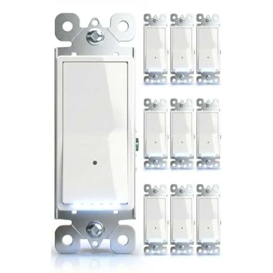 10Pack -Illuminated-Light-Switch with Night Light, No Neutral Wire, Decorator Rocker Switch, Dusk to Dawn LED Guide Light for H
