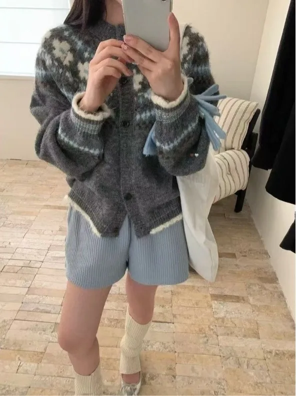 

Retro Sle Fair Isle Knit Sweater Jaet Women's Warm Slimming Loose Color Blo Knitted Open Cardigan Spring Autumn Winter