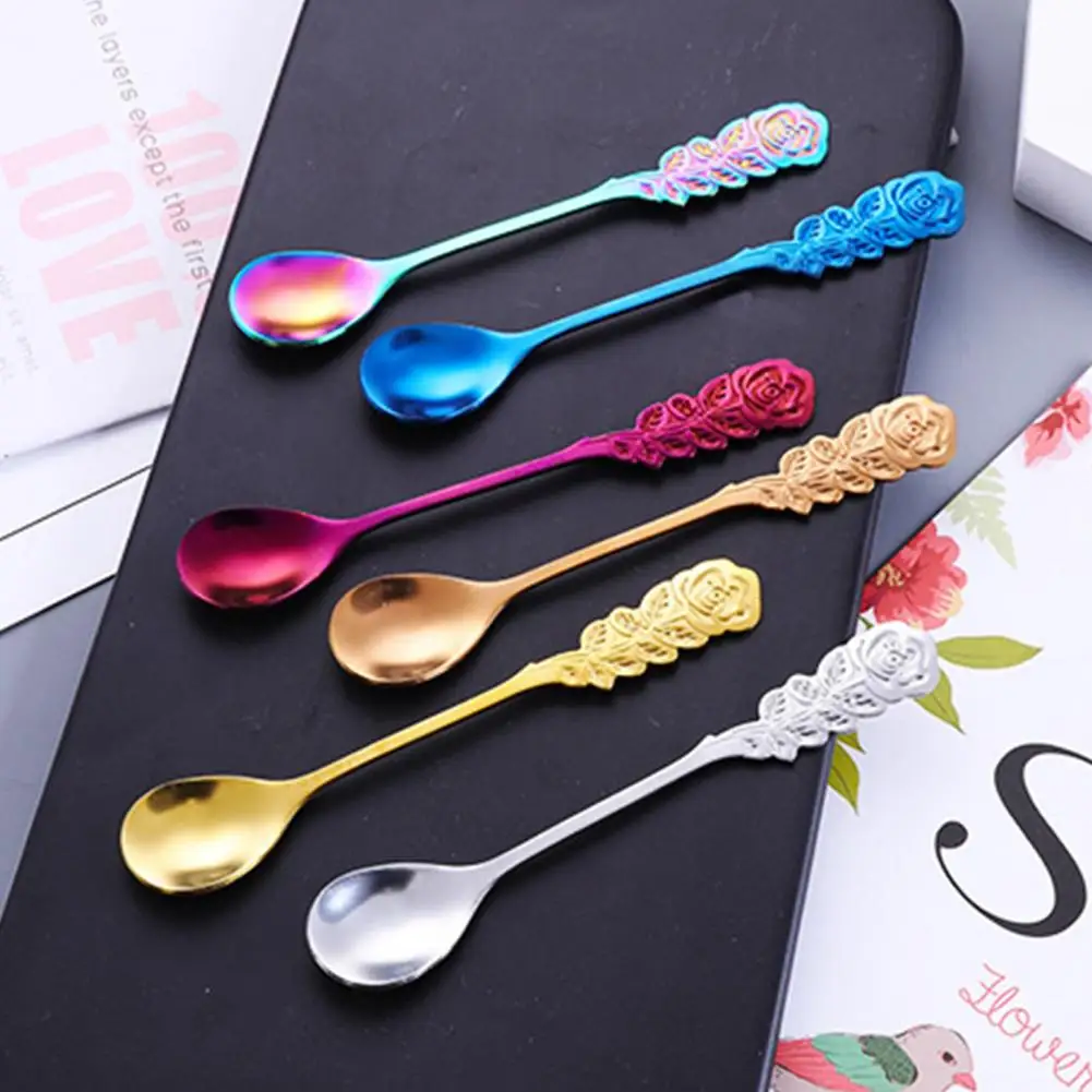 13.5cm Stainless Steel Coffee Spoon Rose Design Handle Dessert Stirring Teaspoon Tableware Long Handle Dessert Tools For Kitchen