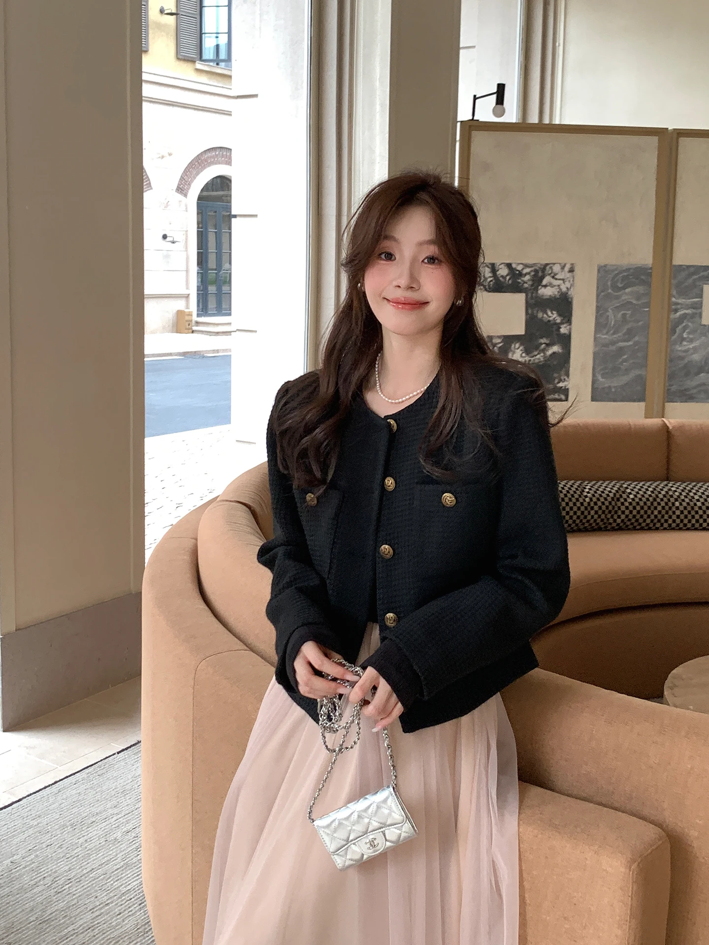 

Элегантное корейское шерстяное пальто-жакет для женщин, приталенное, прямого кроя, из смесовой ткани (полиэстер и шерсть), с длинными рукавами