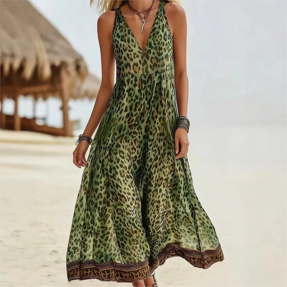 

Leopard Print Fashion Print Dress New Summer Women's Casual Sleeveless Sexy V-neck Loose Long Suspender Dress Платье Женское