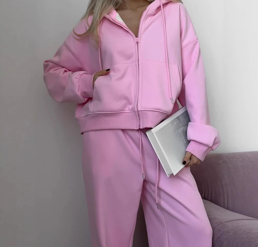 

2025 Women's New Zipper Hooded Sports Cardigan with Tie Up Pants Two-piece Casual Set