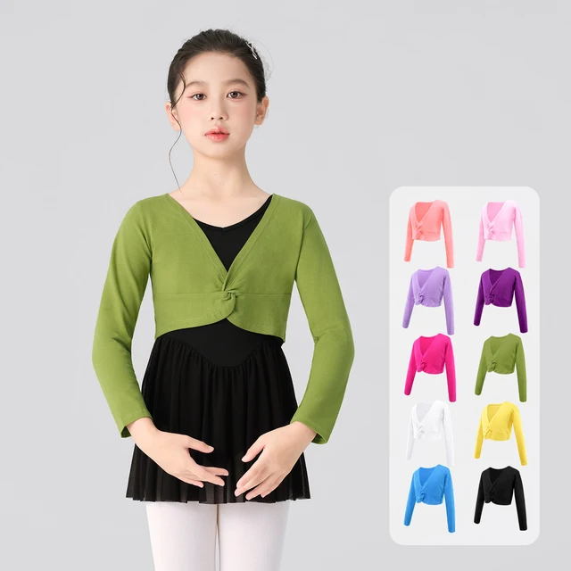 Dziewczęce bluzki baletowe typu crop top, topy do tańca, krótkie płaszcze, kurtki baletowe z wysokim stanem, dziecięce bluzy gimnastyczne z długim rękawem, szal, 10 kolorów