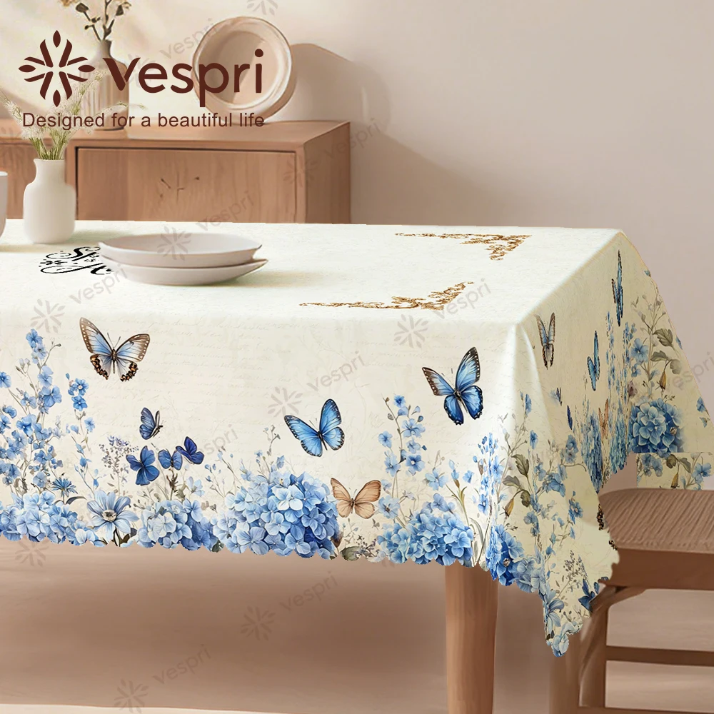 Floral Tablecloth with Blue Butterflies, Roses, Hydrangeas for Indoor/Outdoor Camping decor, Rectangular/Round/Oval