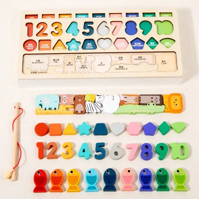 Kids Montessori Math Toys for Toddlers Educational Wooden Puzzle Fishing Toys Count Number Shape Matching Sorter Games Board Toy