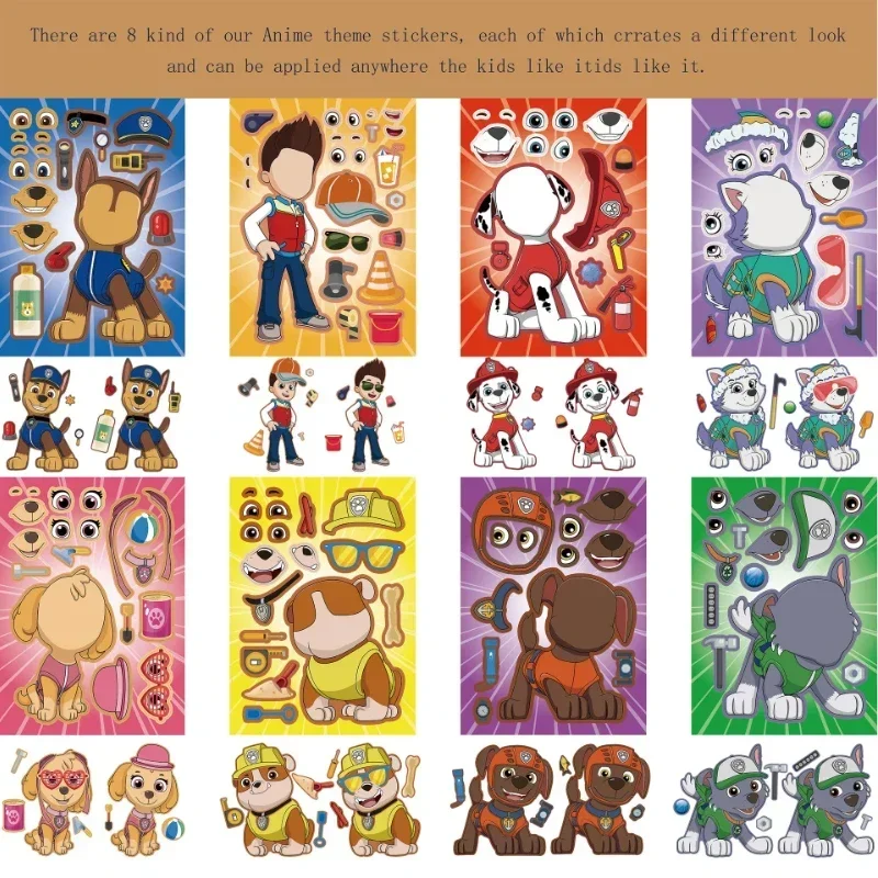 8pcs Paw Patrol Stickers Anime Figure Chese Sticker Canine Cartoon Parent-child Interactive Jigsaw Booklet DIY Sticker Kids Toy