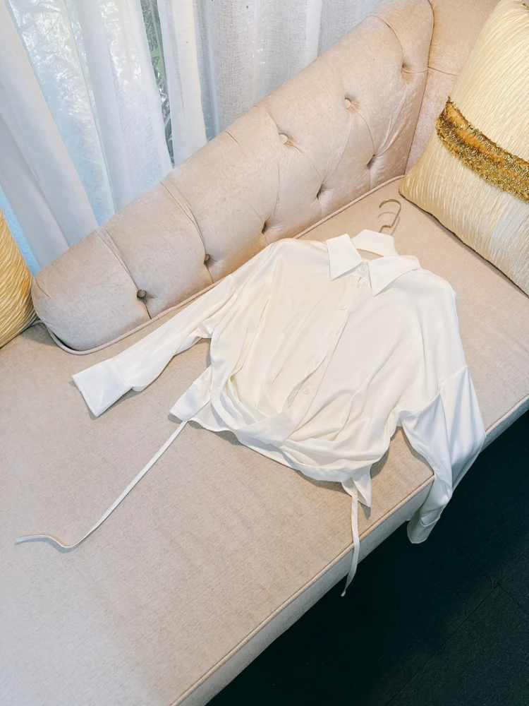 

Ele Commute White Satin V-Ne Chiffon irt Женский свободный длинный топ све с завязками Универсальный прямой пузырьковый све Po...