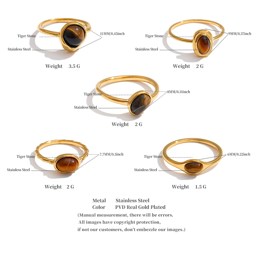 Yhpup Größe 7 Edelstahl-Ring mit natürlichem Tigerauge-Stein, 18K Goldfarben PVD-beschichtet, wasserdicht, dünn, schick, modischer Fingerschmuck – Detail 1