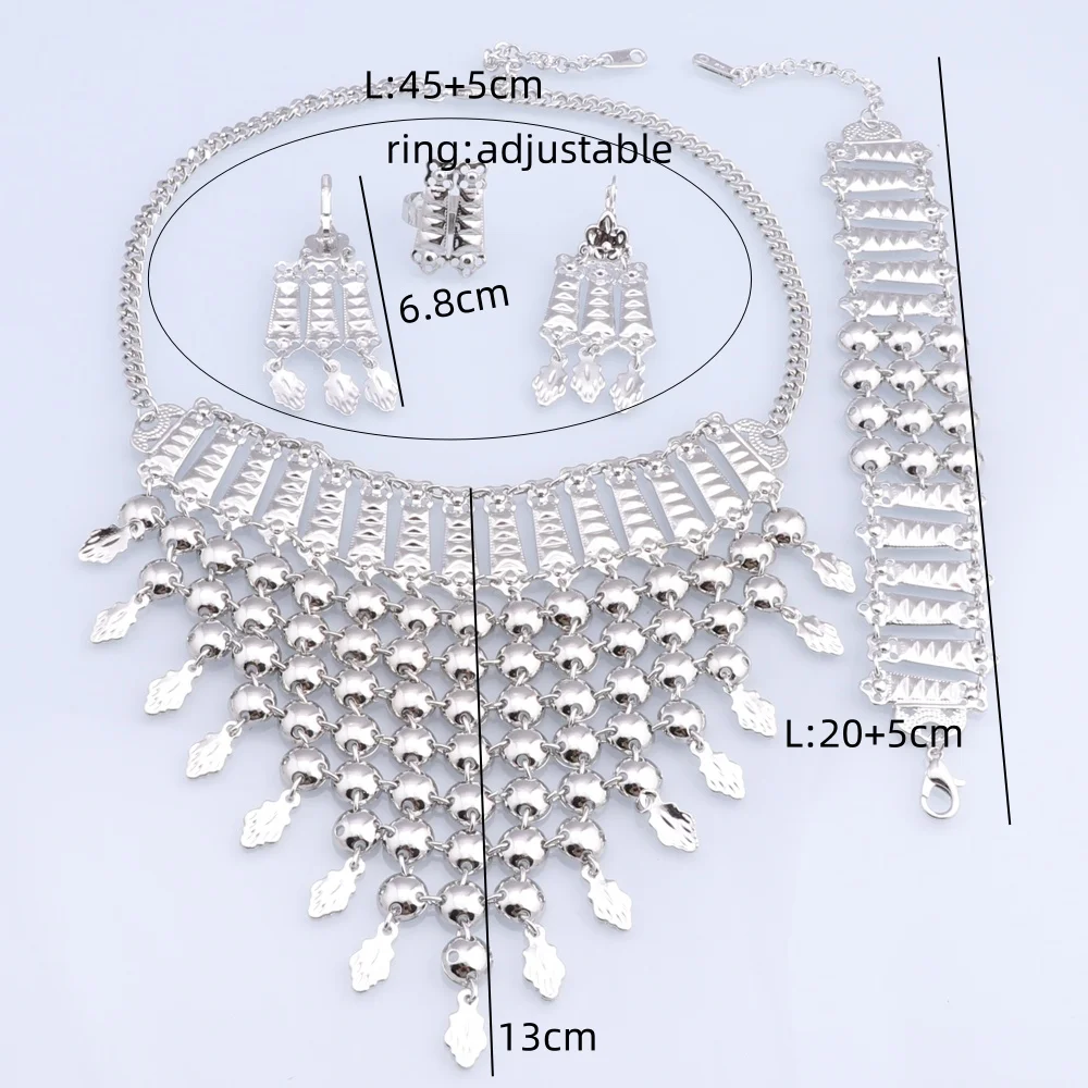 New Tassels Silver Plated Necklace Earrings Bracelet Ring Set for Women Bridal Chains Ethinc Wedding Jewelry Bride Gifts