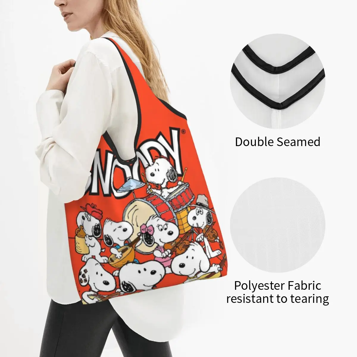 Snoopy amendoim dos desenhos animados shopper saco de ombro feminino escritório poliéster sacola reutilizável design gráfico bolsas