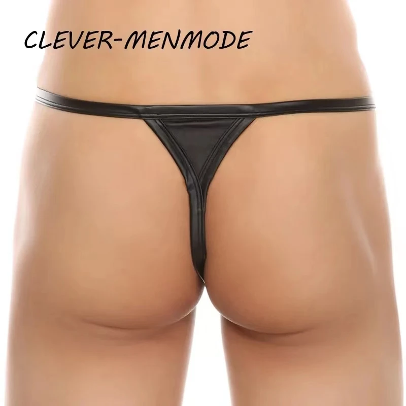 Mens Sexy Thong PU Faux Leather Underwear Bulge Penis Pouch T-back G-string U Convex Wetlook Fetish Costume Exotic Lingerie Male