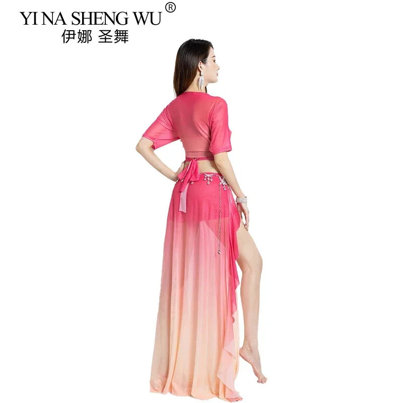 ชุดการแสดงระบำหน้าท้องแบบอียิปต์สำหรับผู้หญิง ชุดเต้นรำสำหรับผู้ใหญ่ กระโปรงแยกสีไล่ระดับ ชุดฝึกซ้อมเต้น