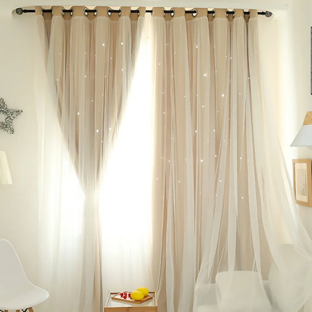 Bright Double Layer Blackout Star Hollow Curtains with Lace Tulle Fabric for Home Living Room Bedroom Window Decor