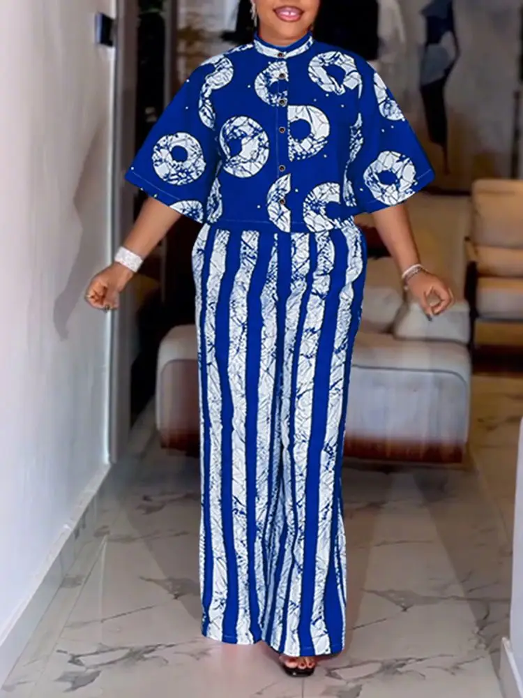 فوندا حجم كبير بانت مجموعات النساء البوهيمي 2 قطعة وتتسابق الخريف 3/4 كم قمصان الموضة بنطال ذو قصة أرجل واسعة طباعة خمر 2 قطعة 5XL #5