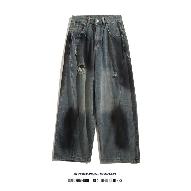 

Retro Waed fiti Denim Jeans Men's Women's High Street Straight Leg Loose Wide Leg Pants Casual Trousers