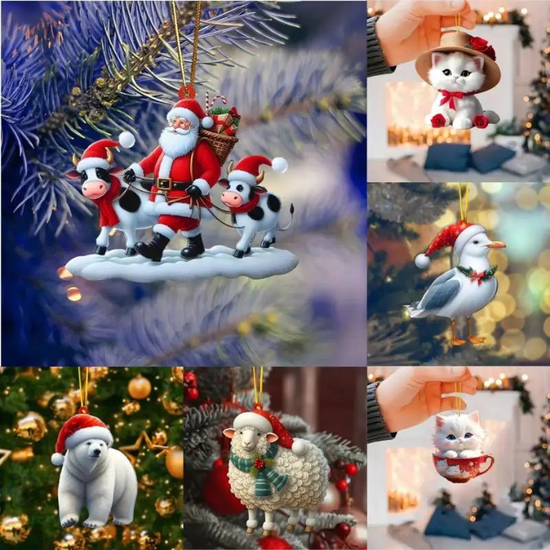 2D Christmas Tree Pendant 2D Flat Acrylic Xmas Tree Hanging Ornaments Cartoon Home Decor New Year Christmas Gifts